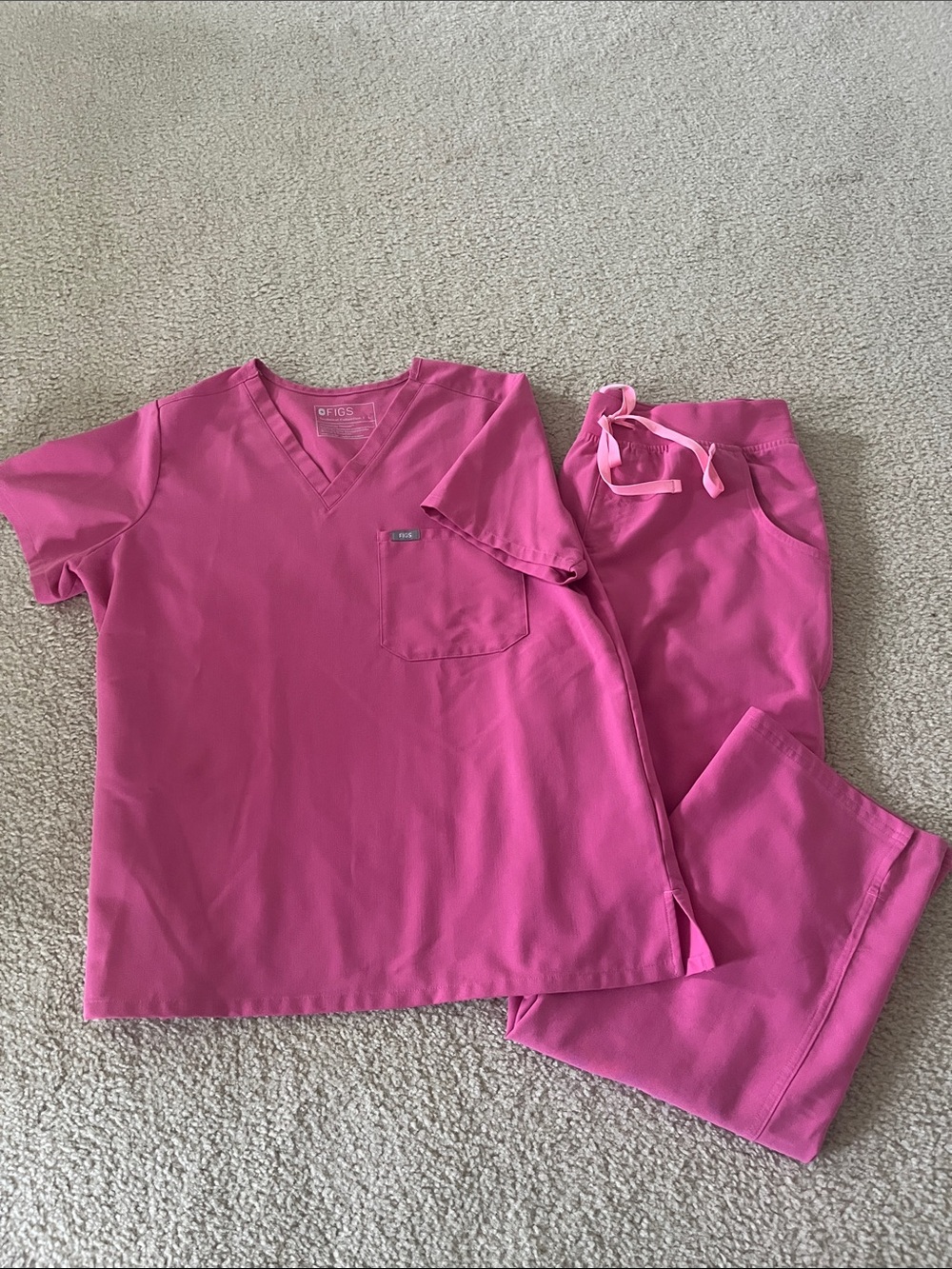 Figs Women's V-Neck Catarina Top and Kade Cargo Pants in F’ing Pink